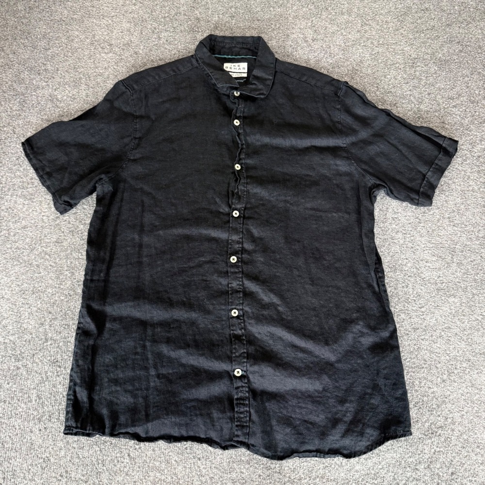 Ike Behar Mens Black Pure Linen Short Sleeve Button Down Shirt Large Casual